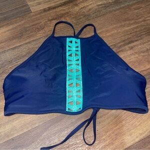 Aerie‎ Bikini Swim Top Size Large Navy Blue  W/ Turquoise Cut Out High Neck